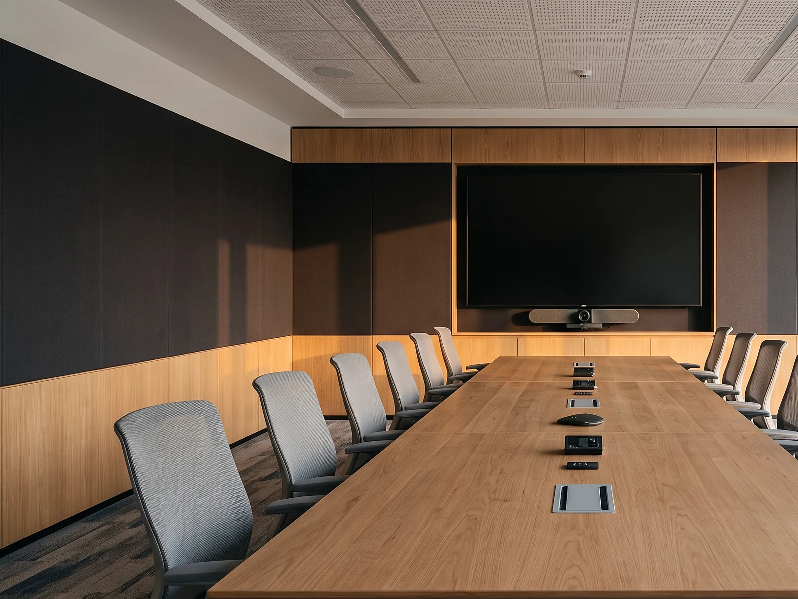 Sala de juntas con pantalla profesional, barra de videoconferencia y altavoces de plafon