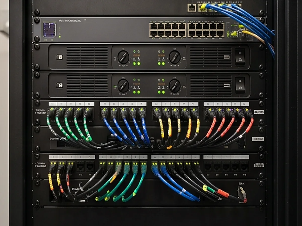 Rack de audio profesional con amplificadores y cableado por zonas