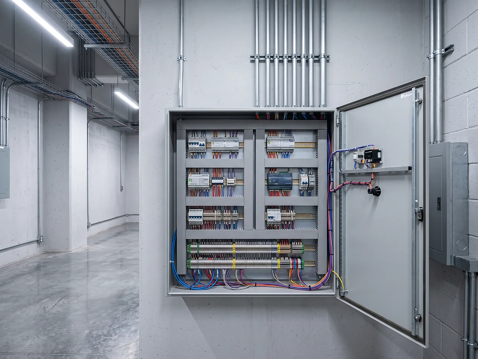 Tablero de automatización de edificio con controladores DDC en riel DIN y cableado por colores