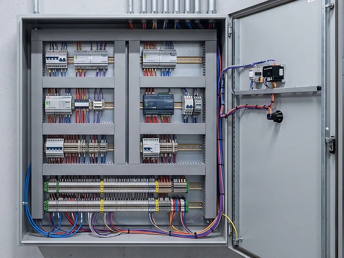 Detalle de controladores DDC, borneras numeradas y canaleta