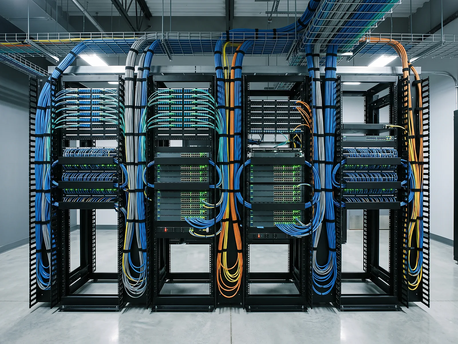 Cuarto de telecomunicaciones con racks, patch panels de fibra y cobre y cableado organizado