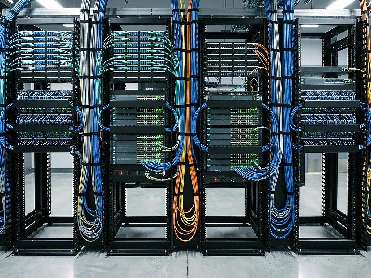 Detalle de patch panels y switches con indicadores encendidos
