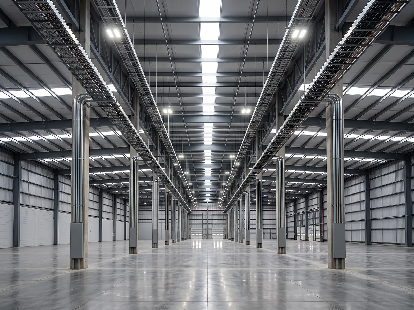 Nave industrial con charolas portacables e infraestructura electrica instalada